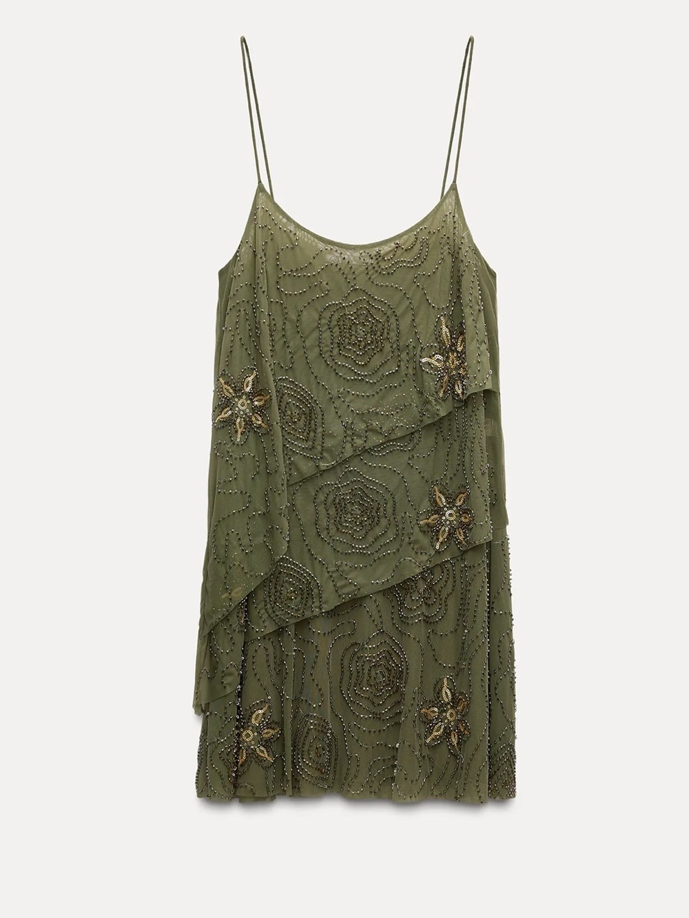 Zara Olive Beaded Layered Slip Dress